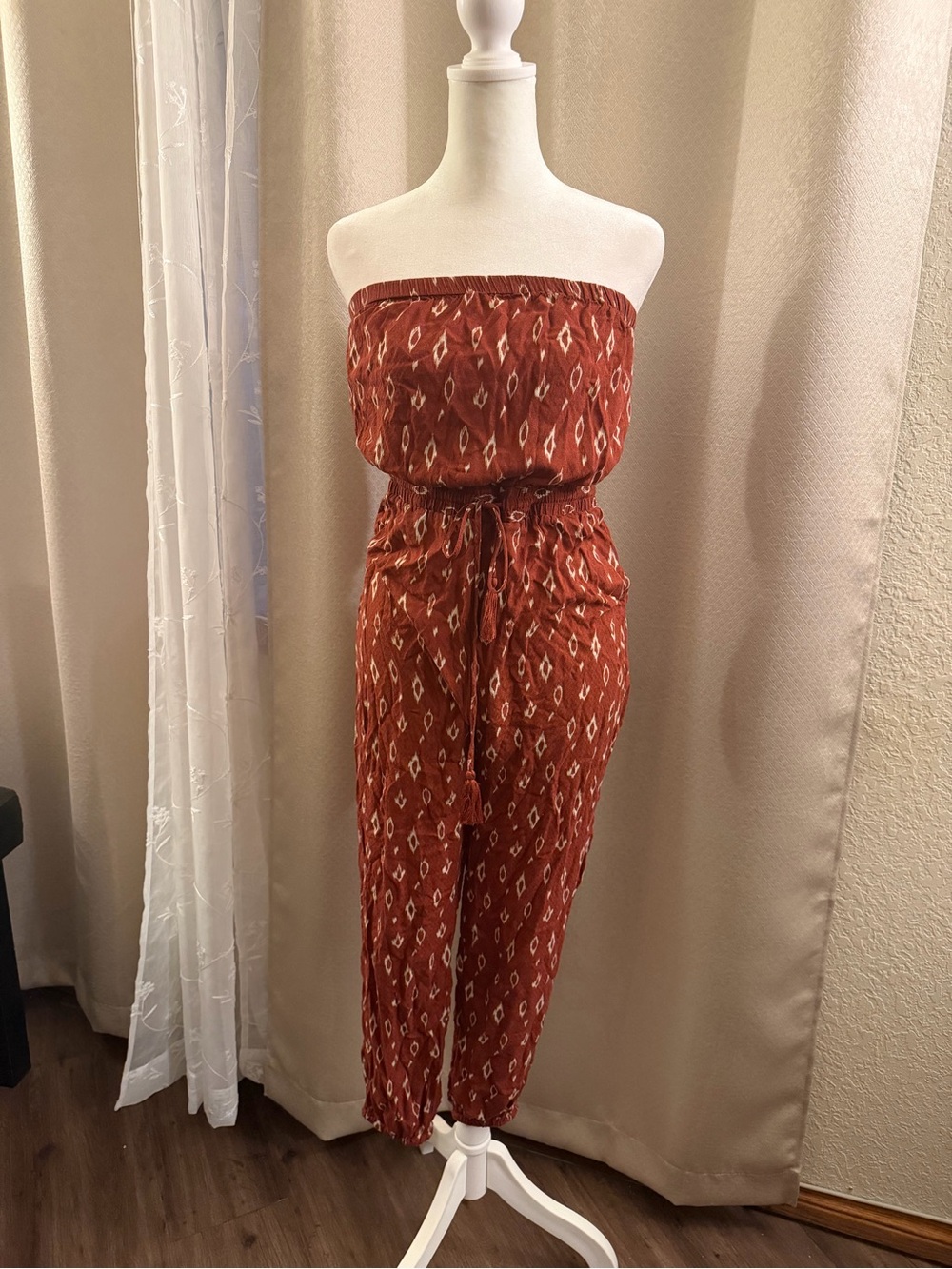 Urban Outfitters Rust Print Strapless Tie-Waist Jumpsuit